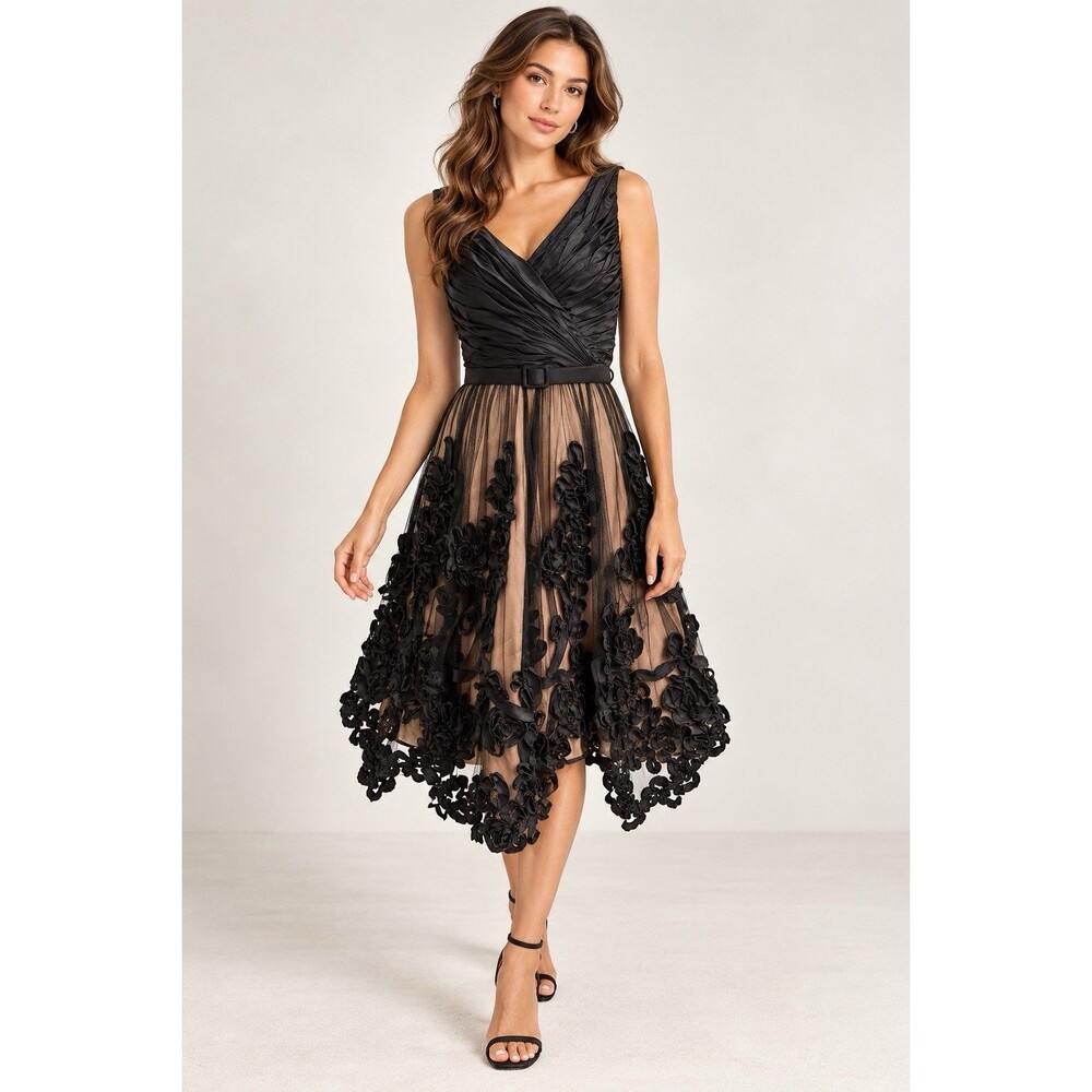 Chetta B Black Nude Ribbon Rosette Mesh Cocktail Dress Size 8